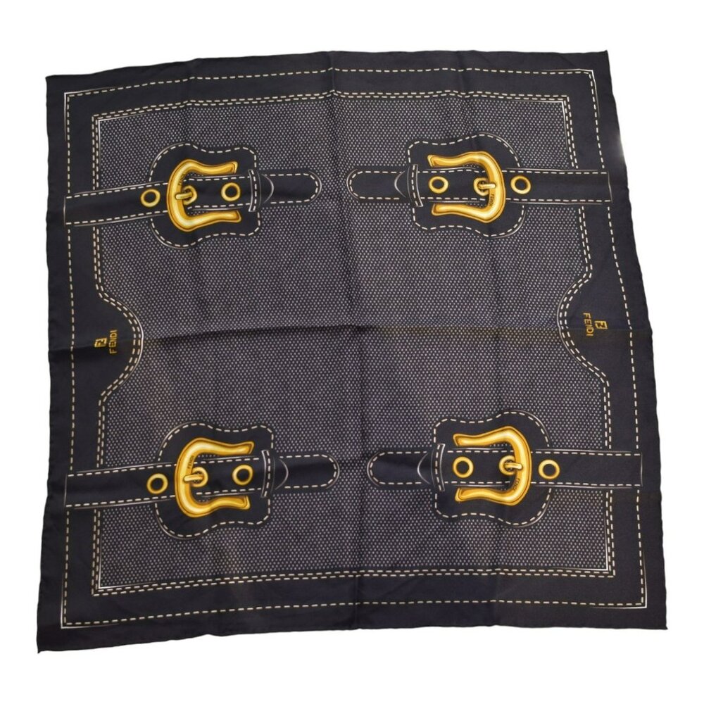 Fendi Vintage Silk Scarf | Black with Gold Buckle Print Square | 100% Silk Italy